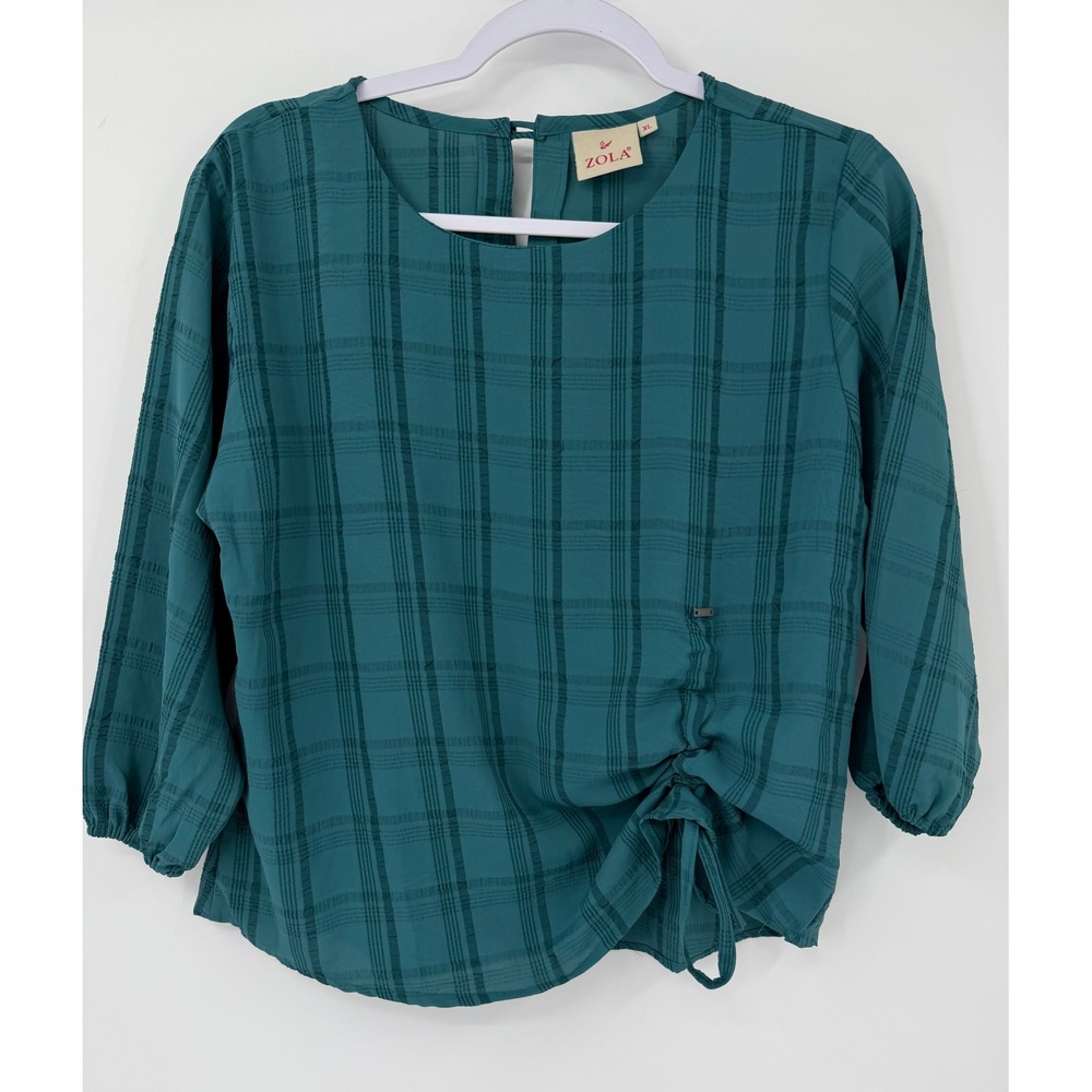 Zola Womens XL Teal Green Plaid 3/4 Sleeve Side Tie Cinch Blouse Top Business